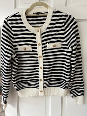 Adrianna Papell Dark Navy and White Striped Button-Front Cardigan